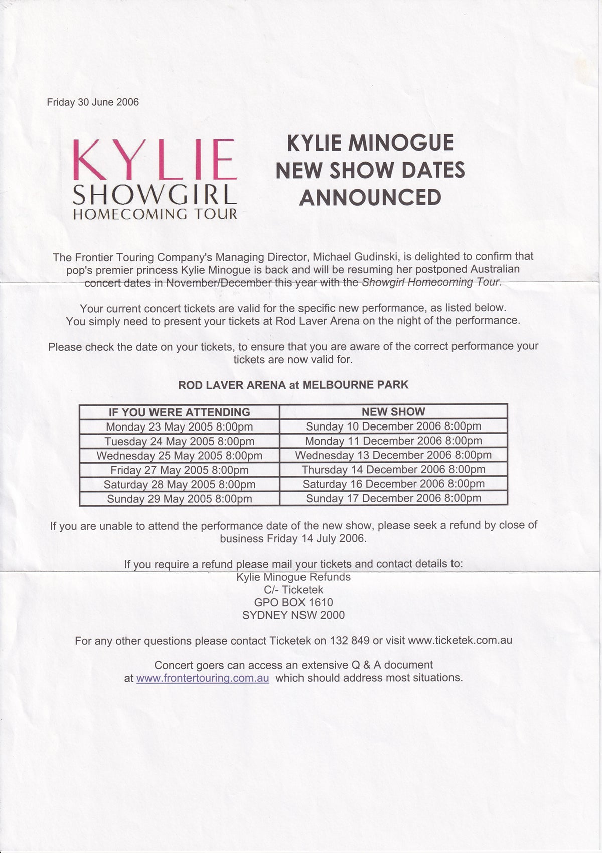 Kylie Showgirl Homecoming 2006 Tour Program