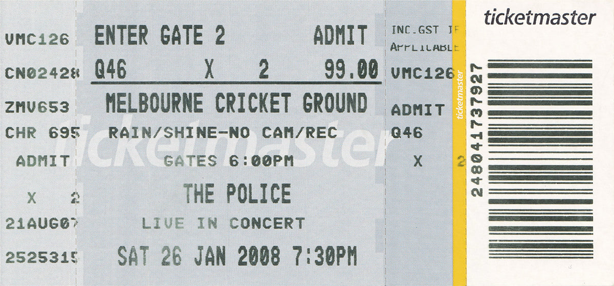 Melbourne Cricket Ground Melbourne Saturday 26th January 2008 Show Ticket