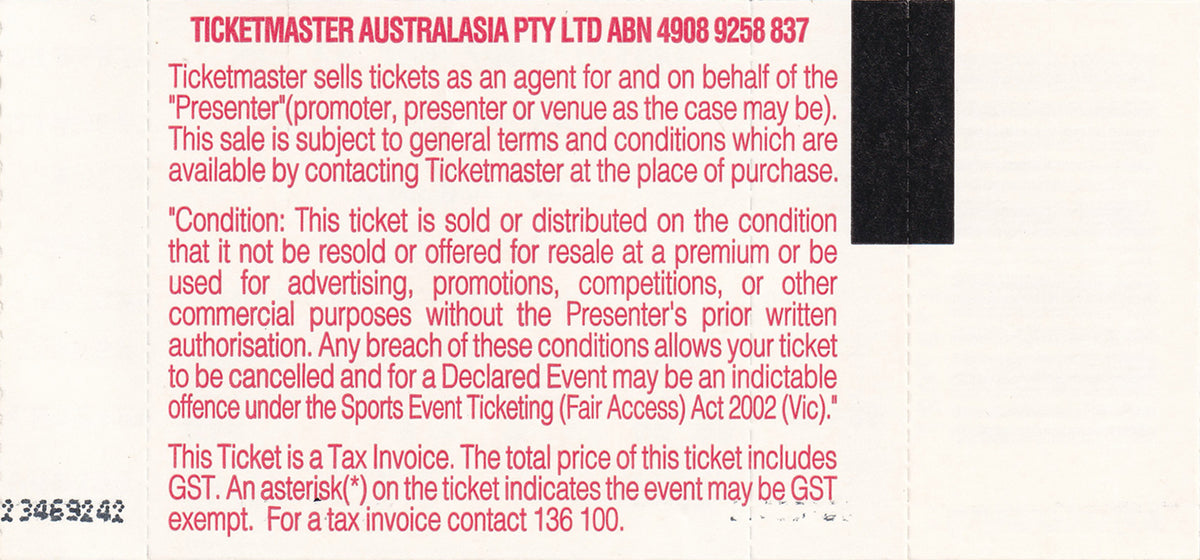 Melbourne Cricket Ground Melbourne Saturday 26th January 2008 Show Ticket