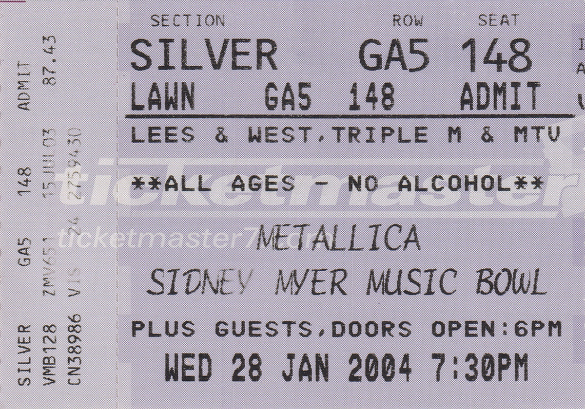 Sidney Myer Music Bowl Melbourne Wednesday 28th January 2004 Show Ticket