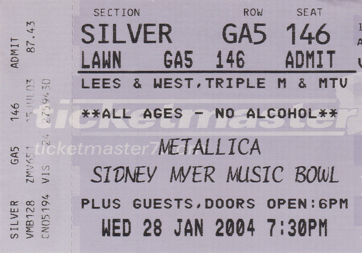 Sidney Myer Music Bowl Melbourne Wednesday 28th January 2004 Show Ticket
