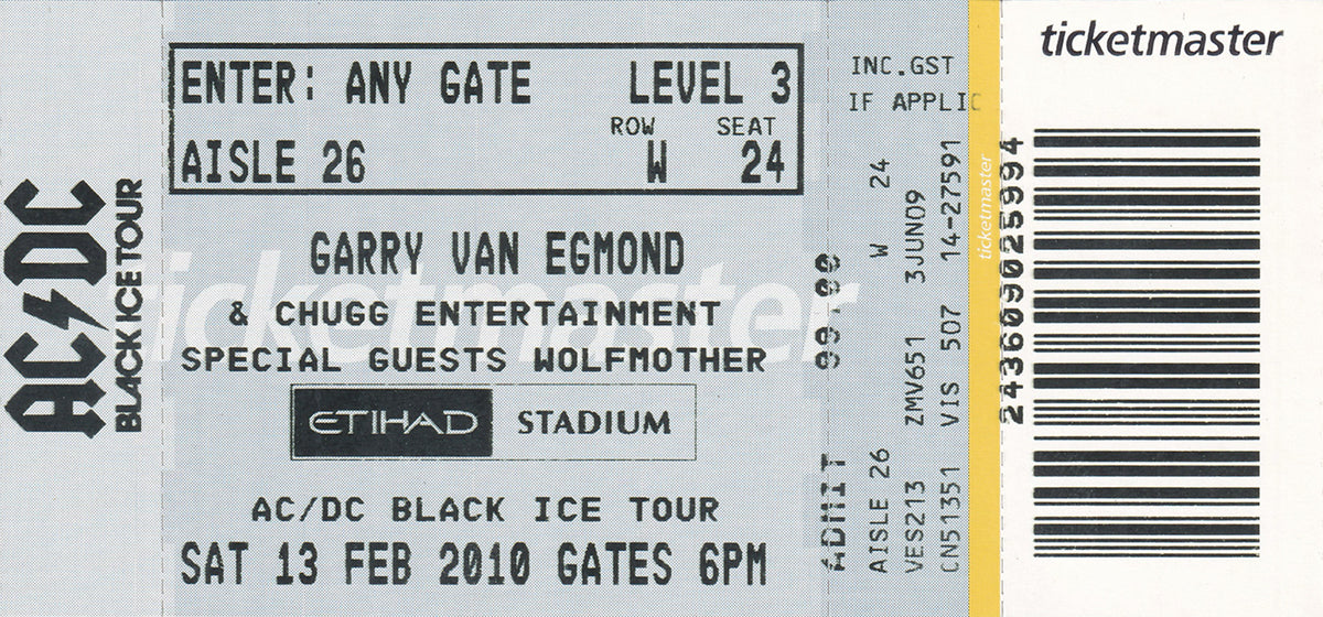 Festival Hall Melbourne Saturday 13th February 2010 Show Ticket