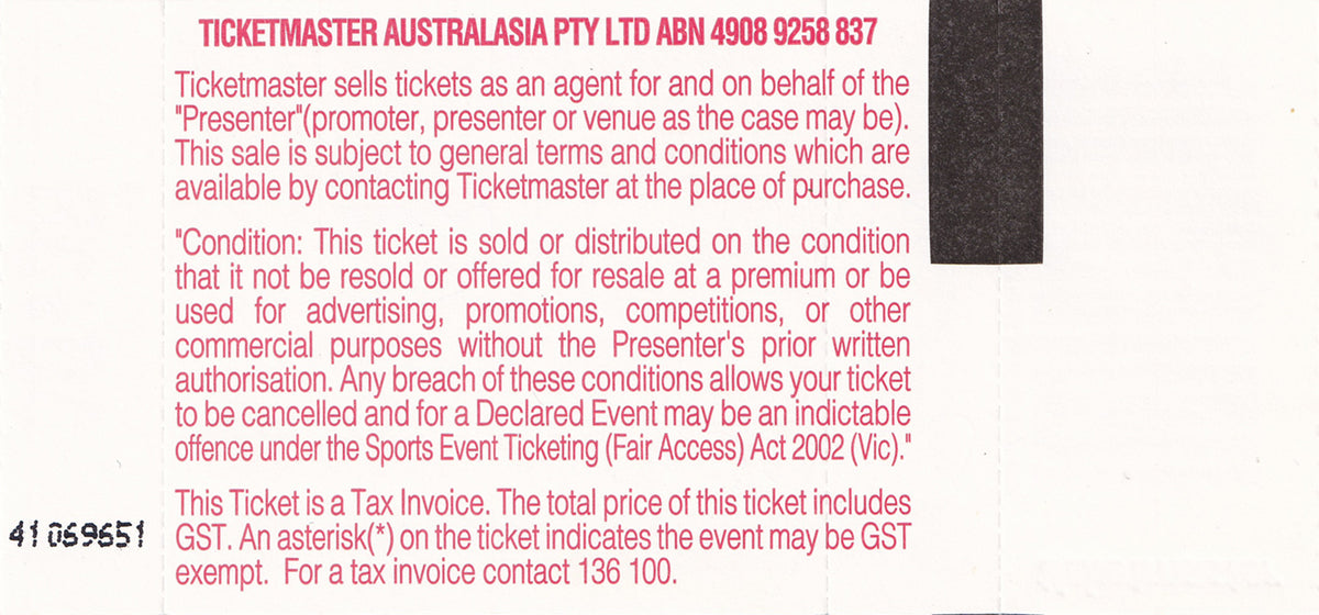 Festival Hall Melbourne Saturday 13th February 2010 Show Ticket