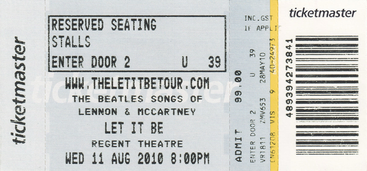 Let It Be - Songs Of Lennon & McCartney - Regent Theatre Melbourne Wednesday 11th August 2010 Show Ticket