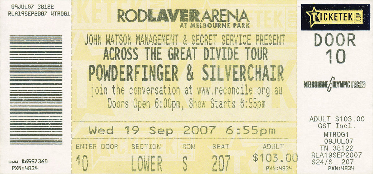 Rod Laver Arena Melbourne Wednesday 19th September 2007 Show Ticket