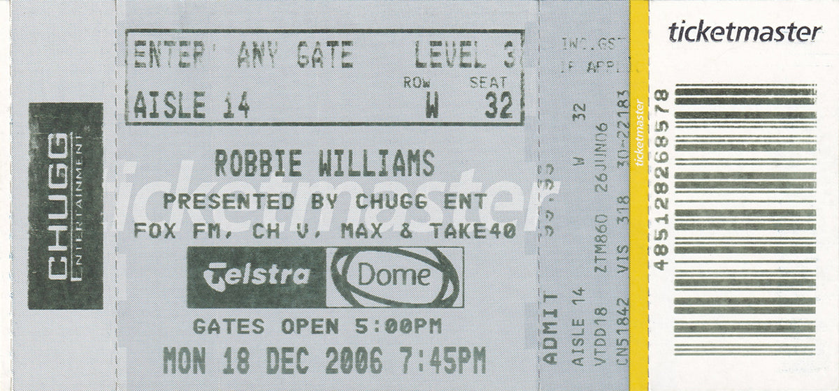 Telstra Dome Melbourne Monday 18th December 2006 Show Ticket