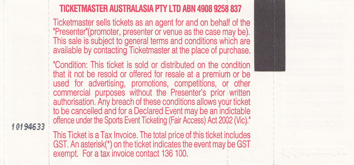 Telstra Dome Melbourne Monday 18th December 2006 Show Ticket