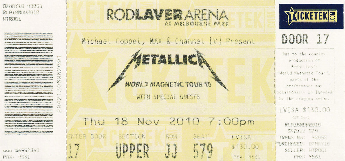 Rod Laver Arena Melbourne Thursday 18th November 2010 Show Ticket