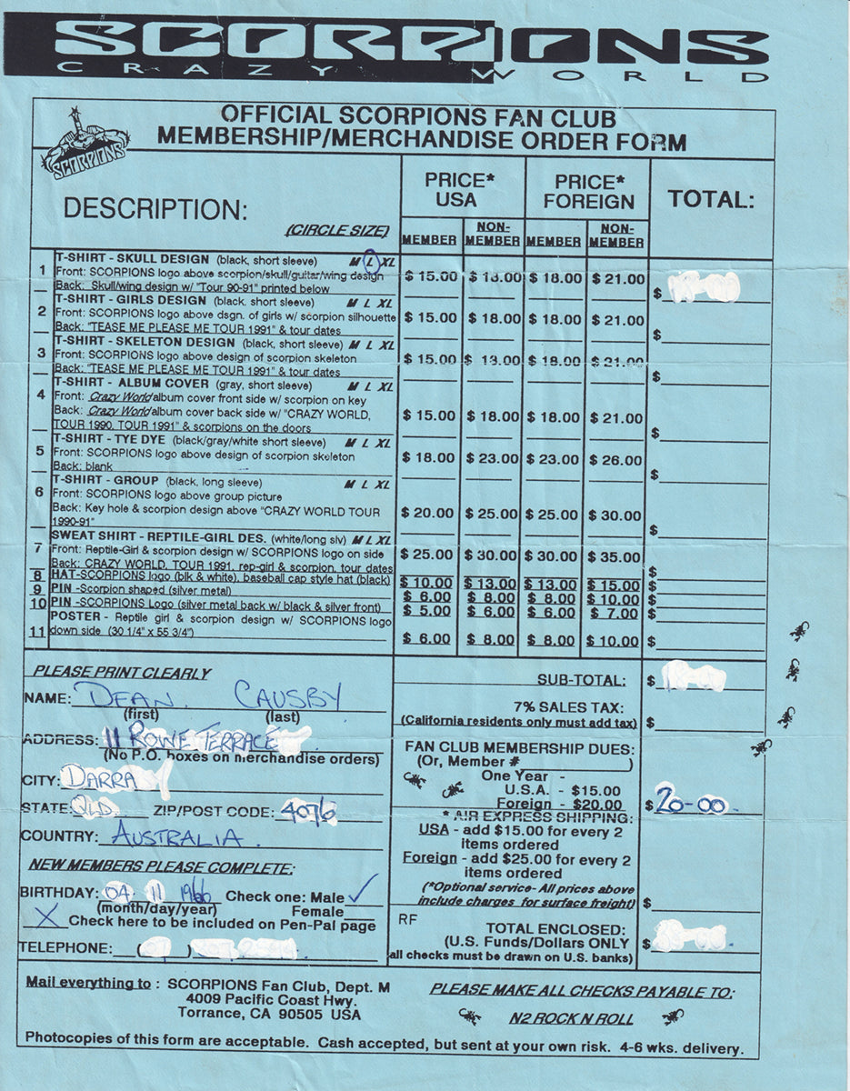 Mail Order Sheet