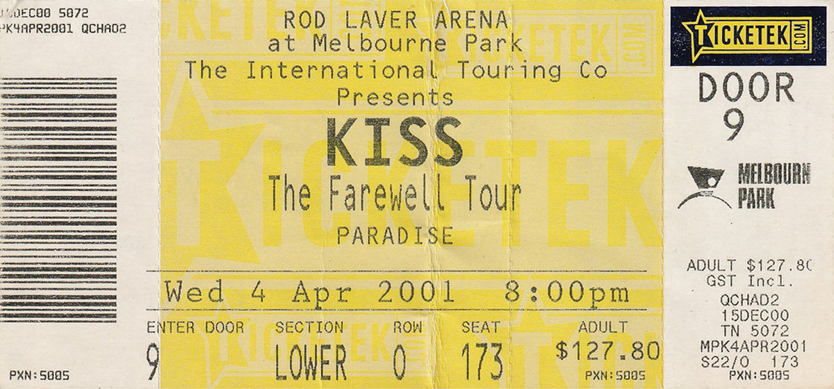 Rod Laver Arena Melbourne Wednesday April 4th 2001 Show Ticket