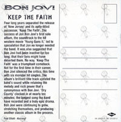 BON JOVI - 'Keep The Faith' Promo Postcard - 2