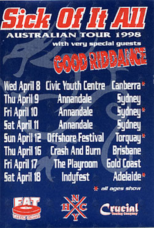SICK OF IT ALL - 1998 Australian Tour Sticker - 1