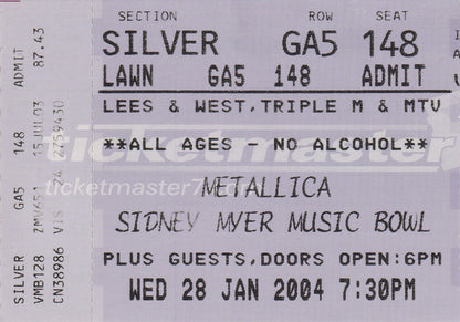 Sidney Myer Music Bowl Melbourne Wednesday 28th January 2004 Show Ticket