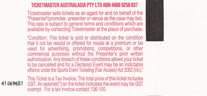 Festival Hall Melbourne Saturday 13th February 2010 Show Ticket