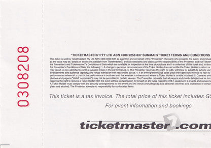 Sidney Myer Music Bowl Melbourne Wednesday 28th January 2004 Show Ticket