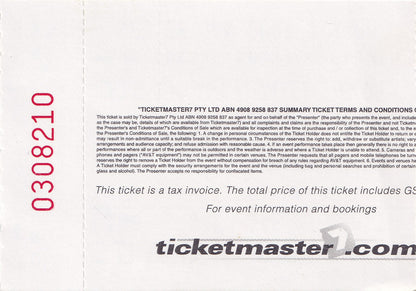 Sidney Myer Music Bowl Melbourne Wednesday 28th January 2004 Show Ticket