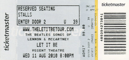 Let It Be - Songs Of Lennon & McCartney - Regent Theatre Melbourne Wednesday 11th August 2010 Show Ticket