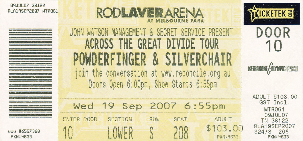 Rod Laver Arena Melbourne Wednesday 19th September 2007 Show Ticket