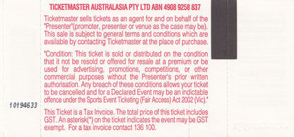 Telstra Dome Melbourne Monday 18th December 2006 Show Ticket