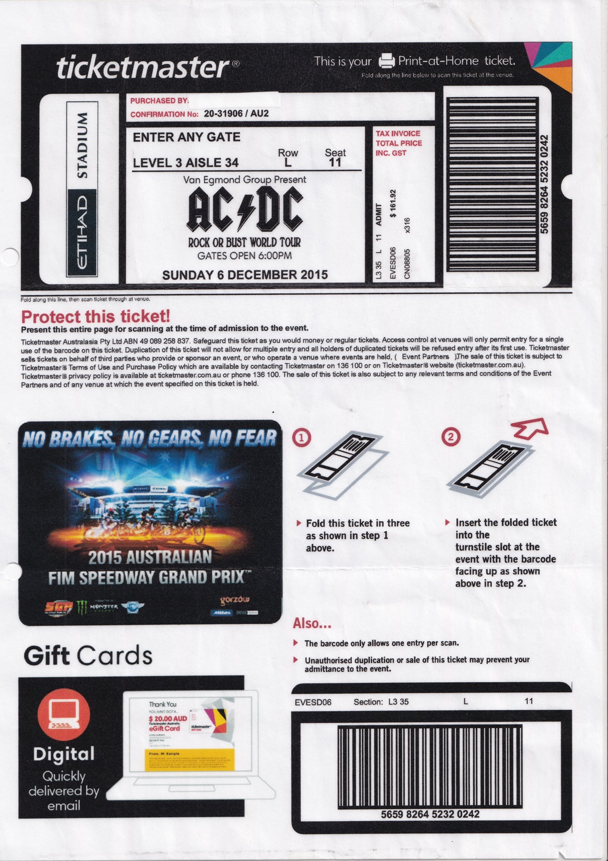 AC/DC Rock Or Bust 2015 World Tour Program (With Ticket)