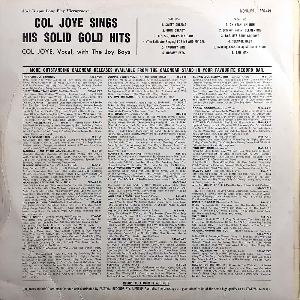 Col Joye Sings His Solid Gold Hits - Rare Records Au