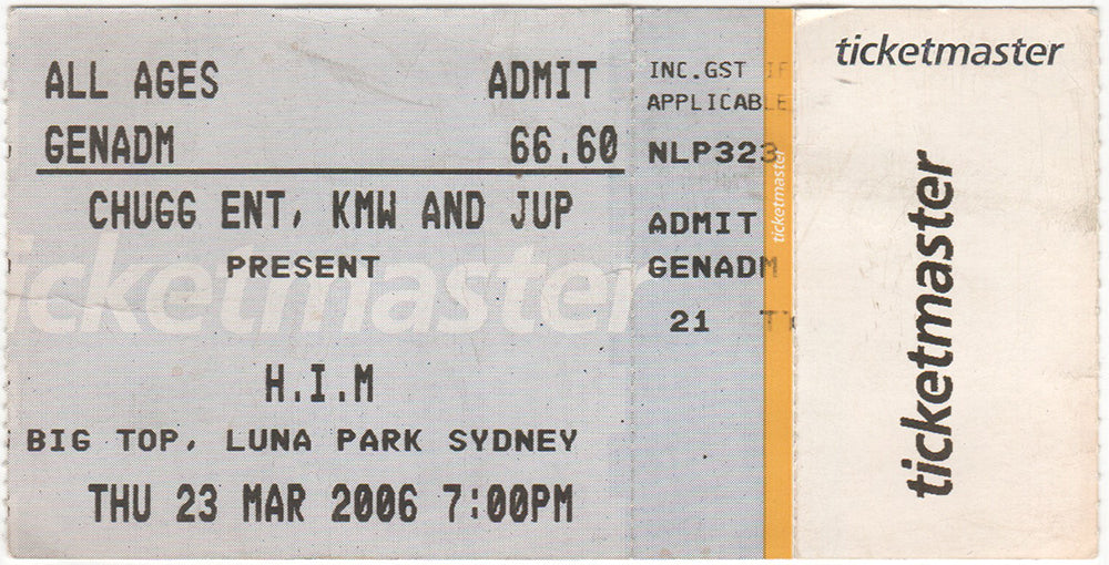 Big Top, Luna Park Sydney, 23rd March 2006, Ticket Stub