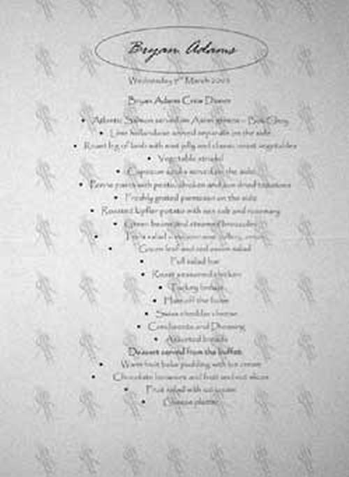 ADAMS-- BRYAN - &#39;Bryan Adams Crew Dinner&#39; Menu - 1