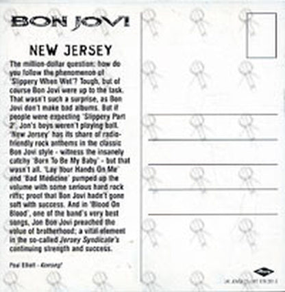 BON JOVI - 'New Jersey' Promo Postcard - 2