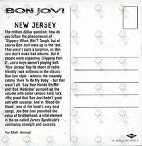BON JOVI - 'New Jersey' Promo Postcard - 2