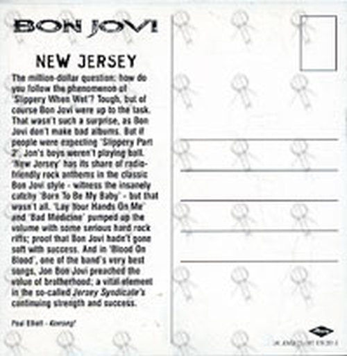 BON JOVI - &#39;New Jersey&#39; Promo Postcard - 2