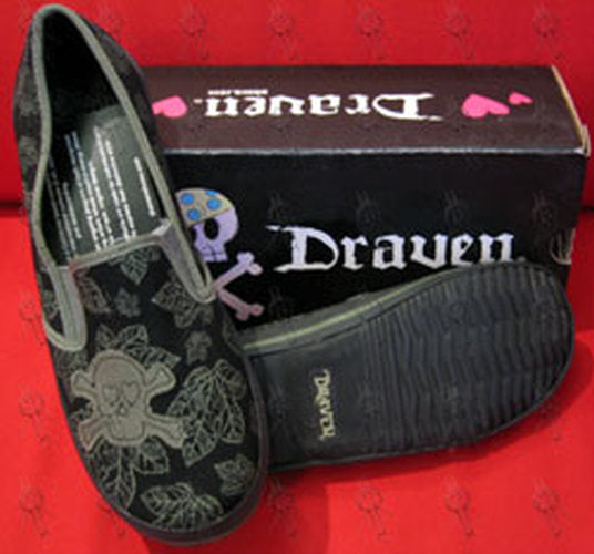 DRAVEN - Black & Olive Green 'Love Skull' Design Slip-On Womens' Shoes - 1