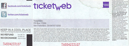 Detroit Bar, Costa Mesa CA, 12th June, 2011 Ticket Stub