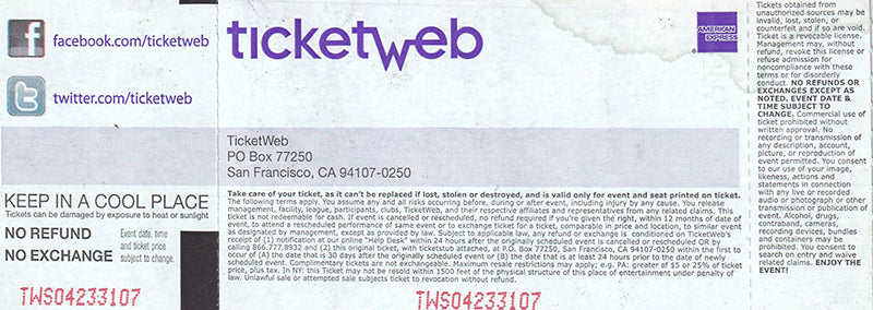 Detroit Bar, Costa Mesa CA, 12th June, 2011 Ticket Stub