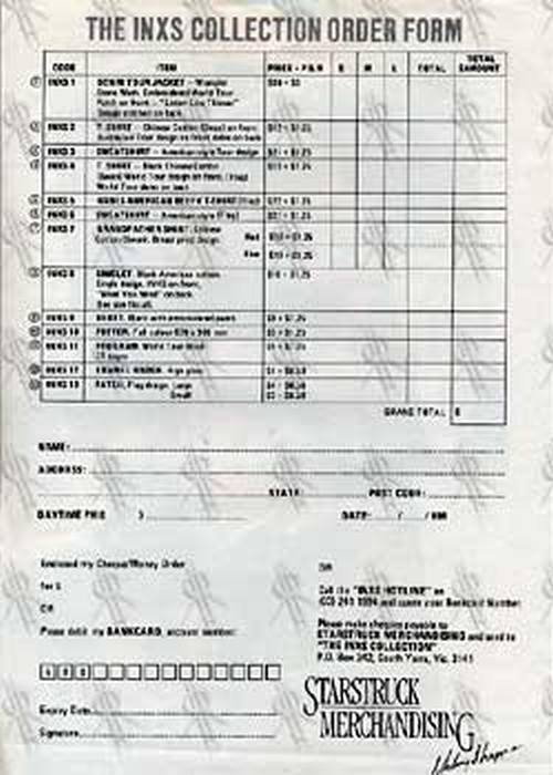 INXS - 1985 Listen Like Theives &#39;The INXS Collection&#39; Merchandise Order Form - 2