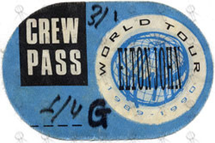 JOHN-- ELTON - &#39;World Tour 1989-1990&#39; Crew Pass Used Cloth Sticker Pass - 1