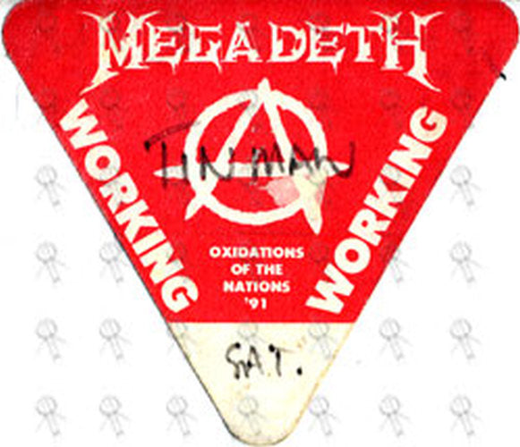 MEGADETH - &#39;Oxidations Of The Nations&#39; 1991 Tour Used Working Cloth Sticker Pass - 1