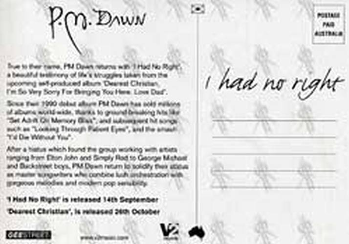 P.M. DAWN - &#39;I Had No Right&#39; Single Postcard - 2