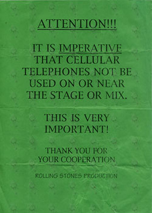 ROLLING STONES - Mobile Phone Warning Sheet - 1