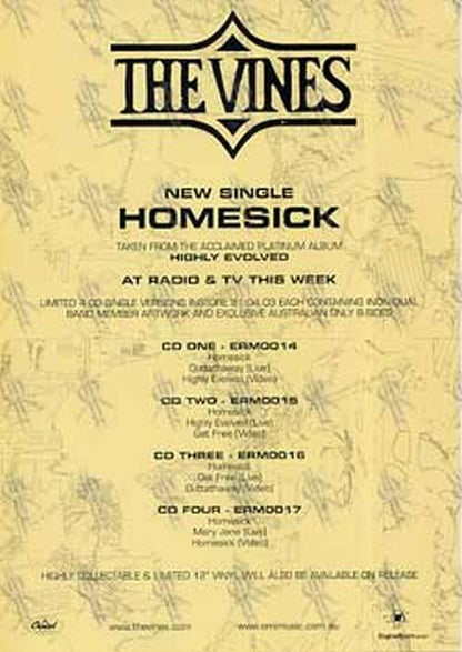 VINES-- THE - 'Homesick' CD Single A4 Card - 2