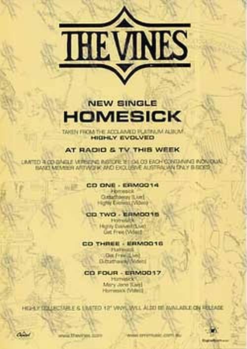 VINES-- THE - &#39;Homesick&#39; CD Single A4 Card - 2